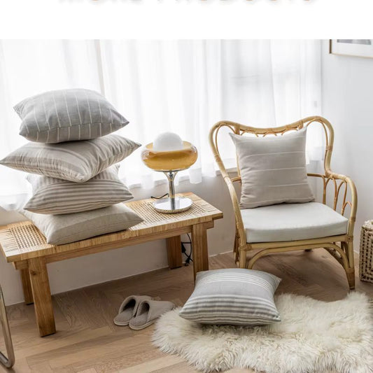 Funda de Cojín con Lino Gris a Rayas – Ideal para Sofás, Camas y Decoración Nórdica.