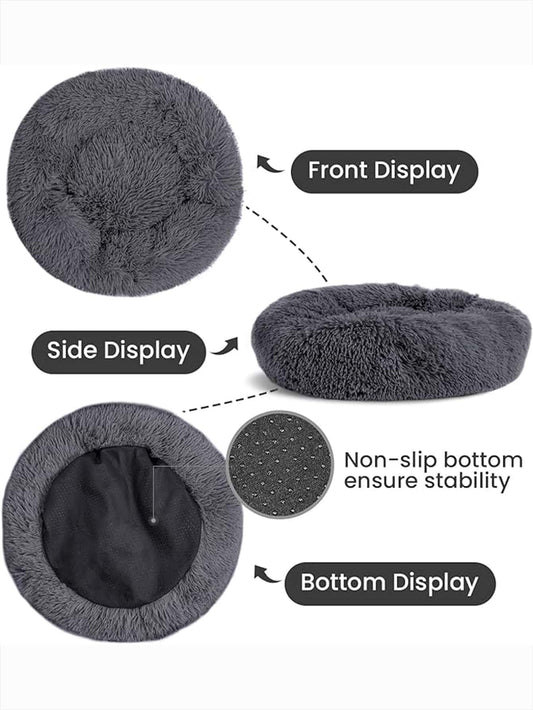 Cama de perro y gato antiestrés, redonda y suave - gris azulado