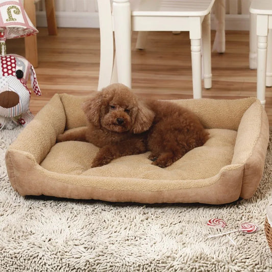 Cama para perros y gatos camel, antiestrés, rectangular y con interior de borreguito