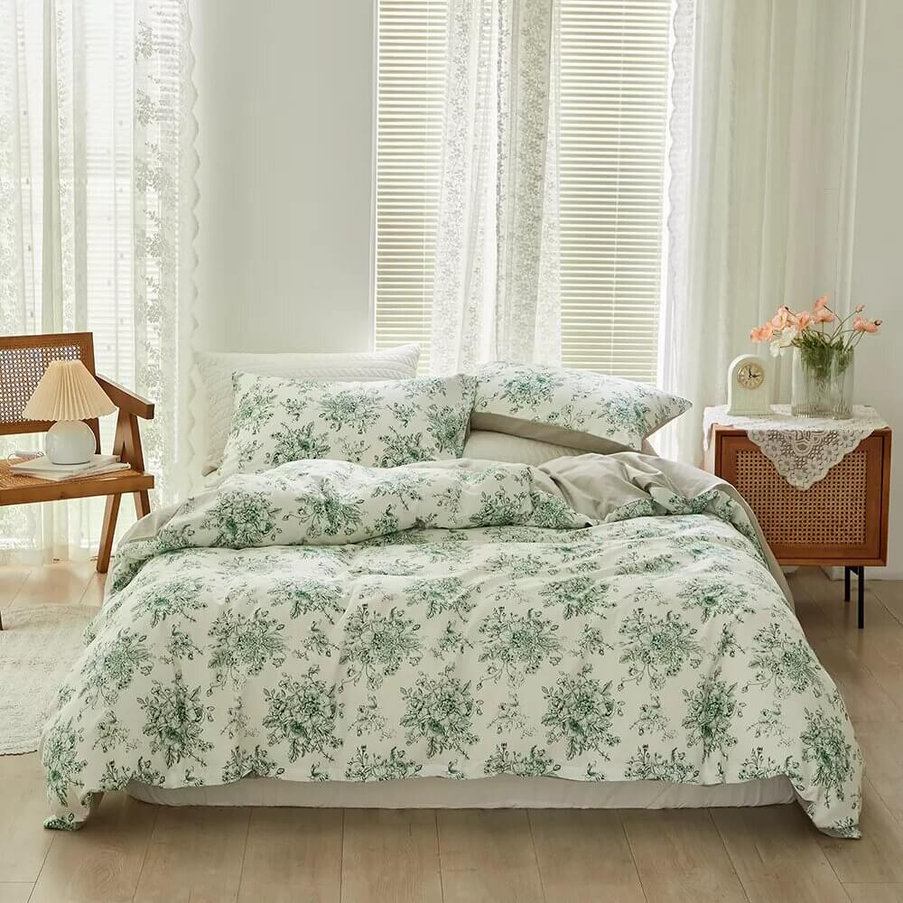 Capa de edredom verde flor com estampa reversível, 100% Algodão.