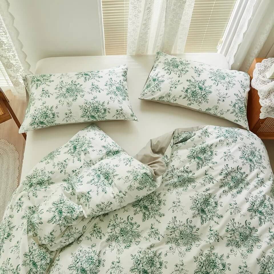 Capa de edredom verde flor com estampa reversível, 100% Algodão.