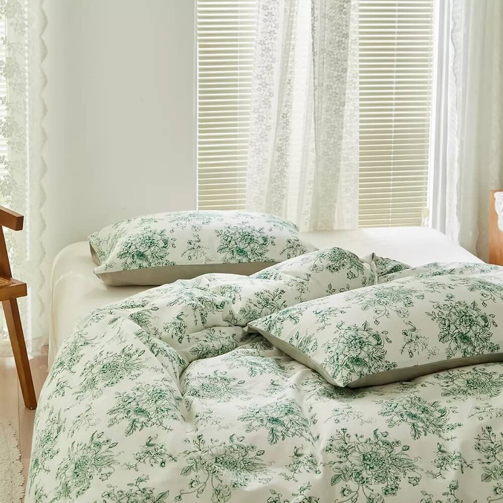 Capa de edredom verde flor com estampa reversível, 100% Algodão.