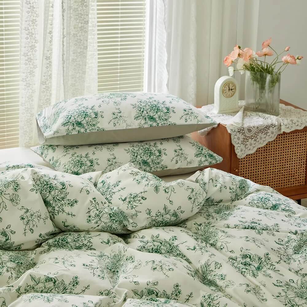 Capa de edredom verde flor com estampa reversível, 100% Algodão.