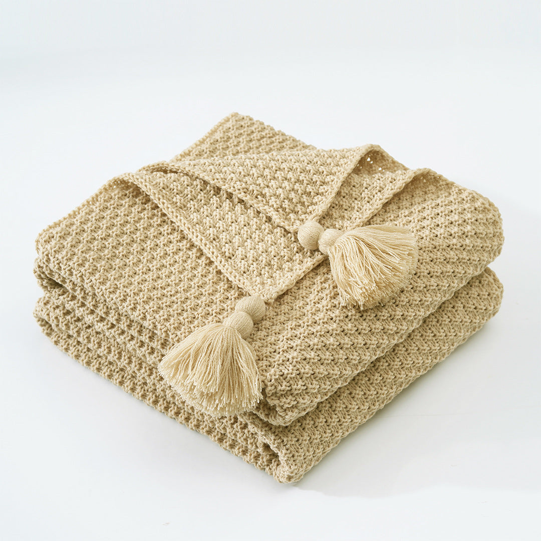 Manta de punto con borlas. Color Beige. - Oma Home