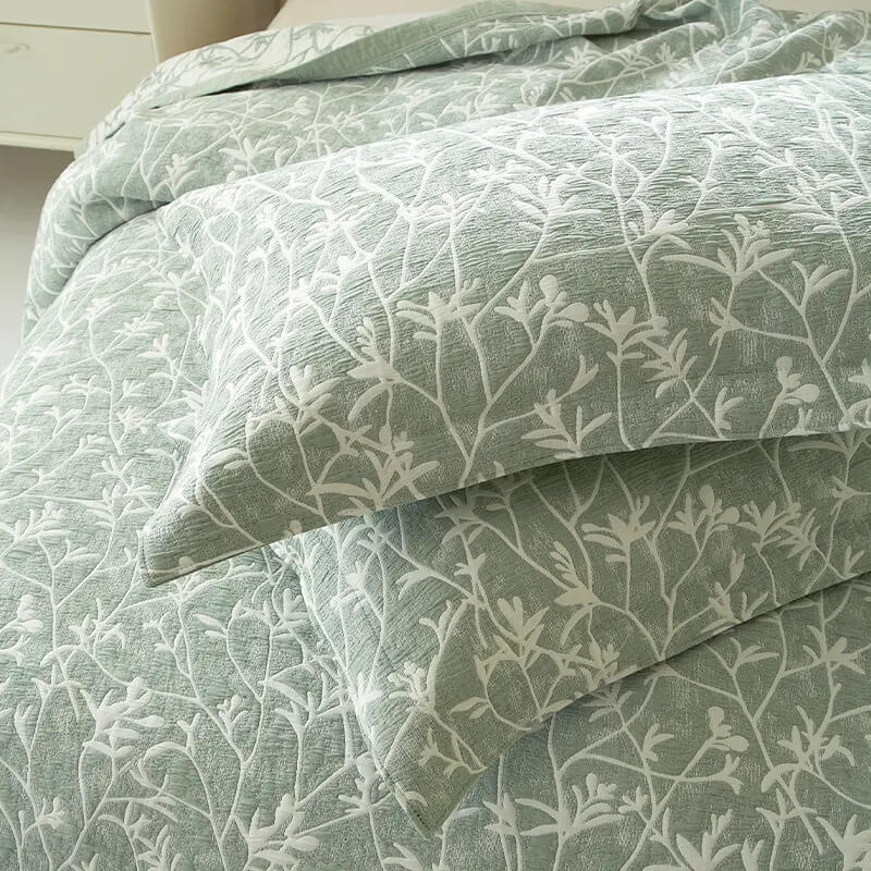 Colcha de Verano Jacquard Algodón Verde, Diseño Botánico – Calidad Premum.