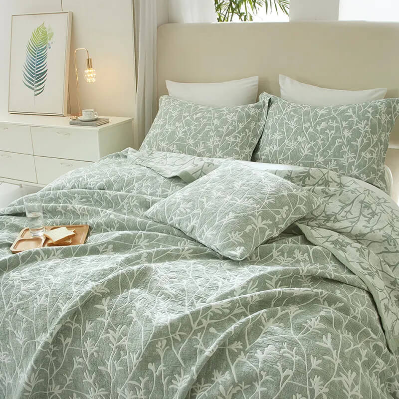 Colcha de Verano Jacquard Algodón Verde, Diseño Botánico – Calidad Premum.