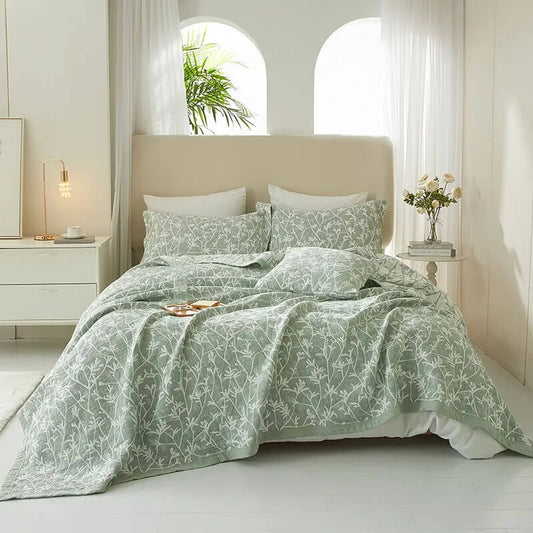 Colcha de Verano Jacquard Algodón Verde, Diseño Botánico – Calidad Premum.