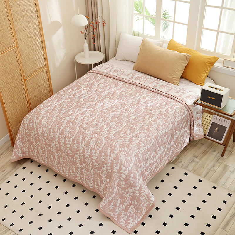 Colcha de Verano Jacquard Algodón Rosa con Mini Hojas – Calidad Premum.