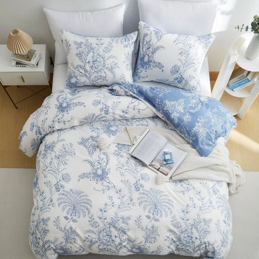 Funda Nórdica Flores Azul y Blancas, tacto suave.