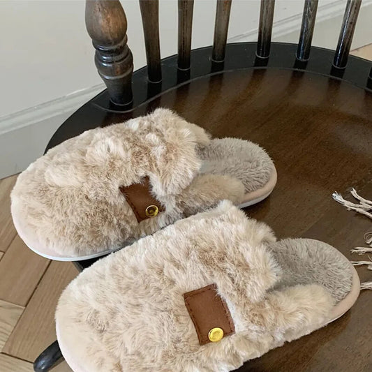 Zapatillas de casa beige con pelo muy suave, cálidas y cómodas