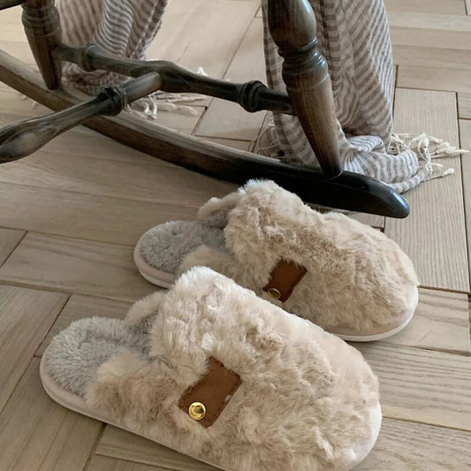 Zapatillas de casa beige con pelo muy suave, cálidas y cómodas