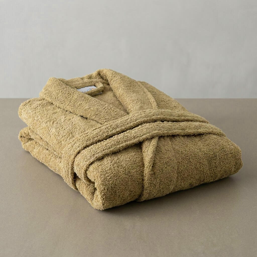 Primer plano del albornoz con el tejido de rizo americano de alta absorción 450 gramos en color camel.