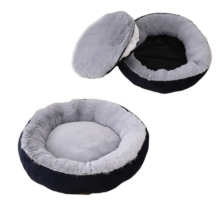 Cama de perro azul marino con pelo corto y exterior polar suave