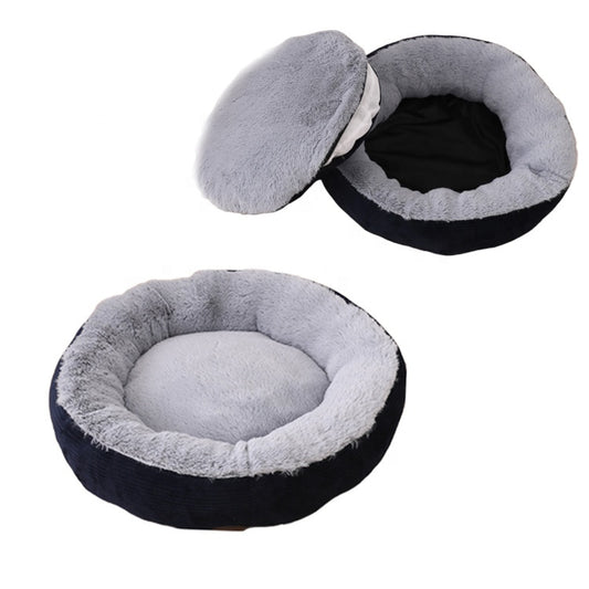 Cama de perro azul marino con pelo corto y exterior polar suave