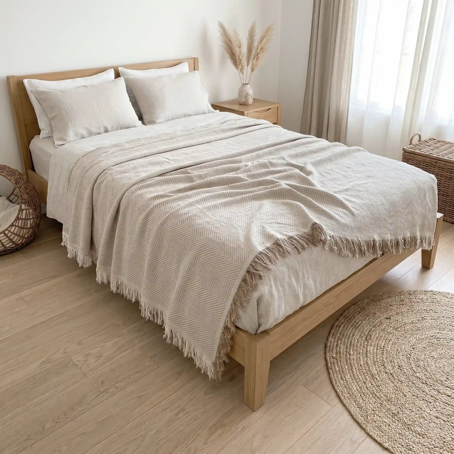 Colcha de verano multiusos color beige extendida sobre una cama. Tejido ligero y transpirable 80% algodón, ideal para decorar dormitorios luminosos.