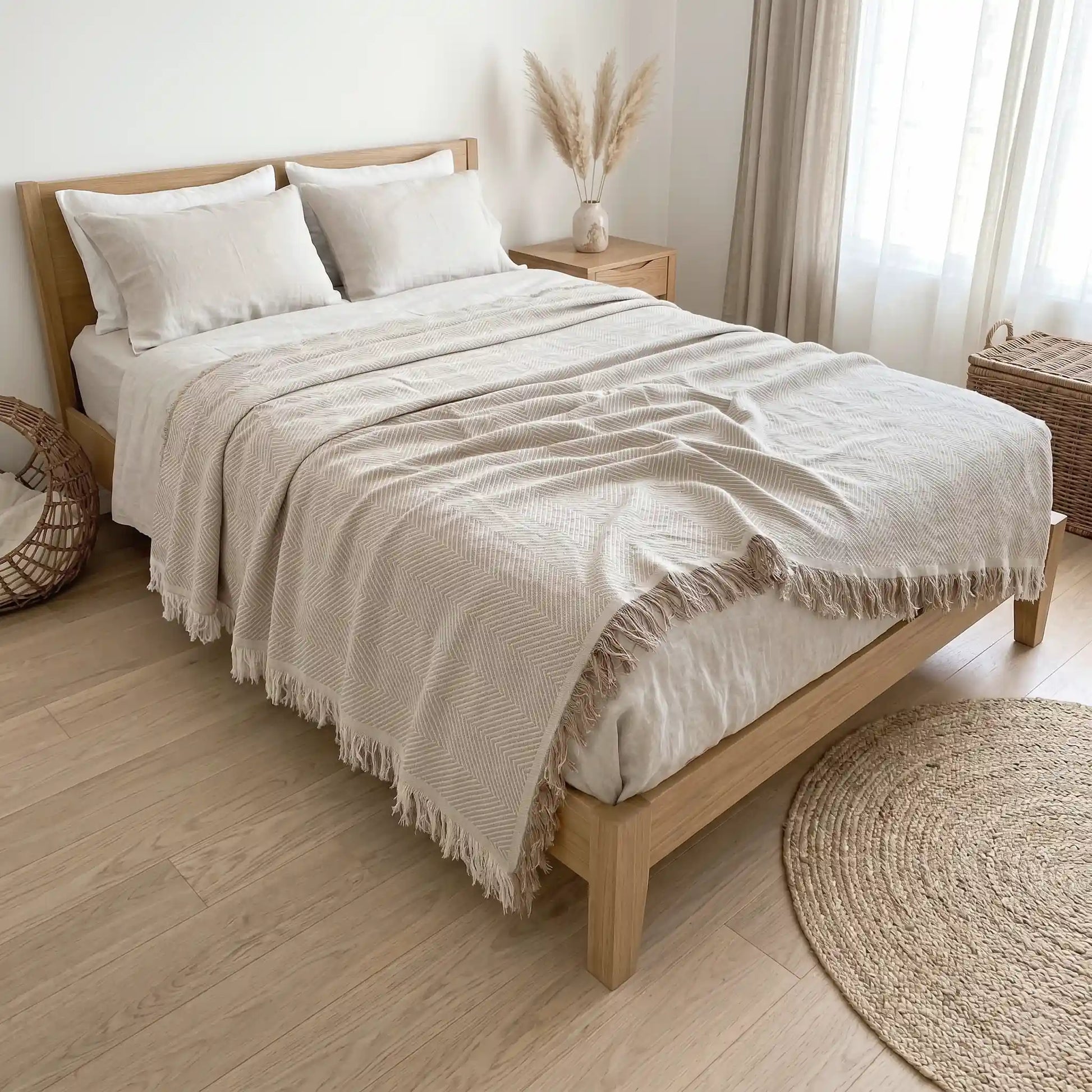 Colcha de verano multiusos color beige extendida sobre una cama. Tejido ligero y transpirable 80% algodón, ideal para decorar dormitorios luminosos.