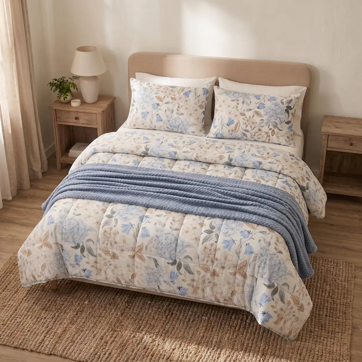 Vista superior de una cama decorada con un edredón de entretiempo estampado natural, destacando cómo viste el colchón y aporta luz a la habitación.