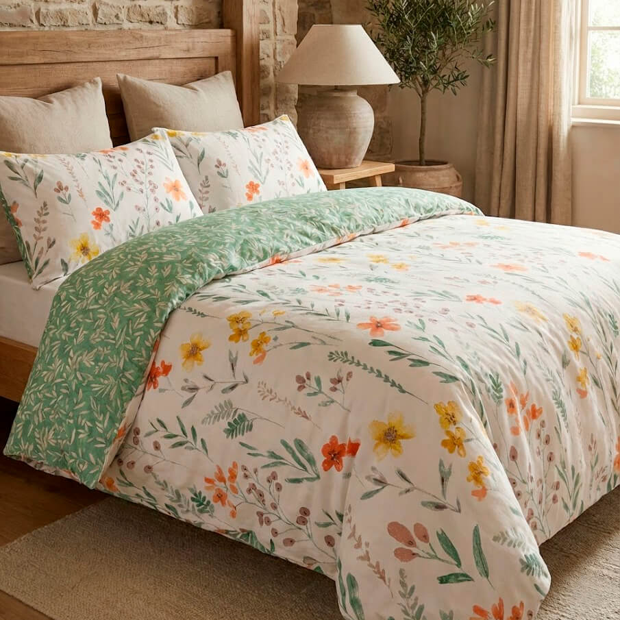 Vista lateral de la funda nórdica reversible mostrando el contraste entre las flores y el reverso verde.