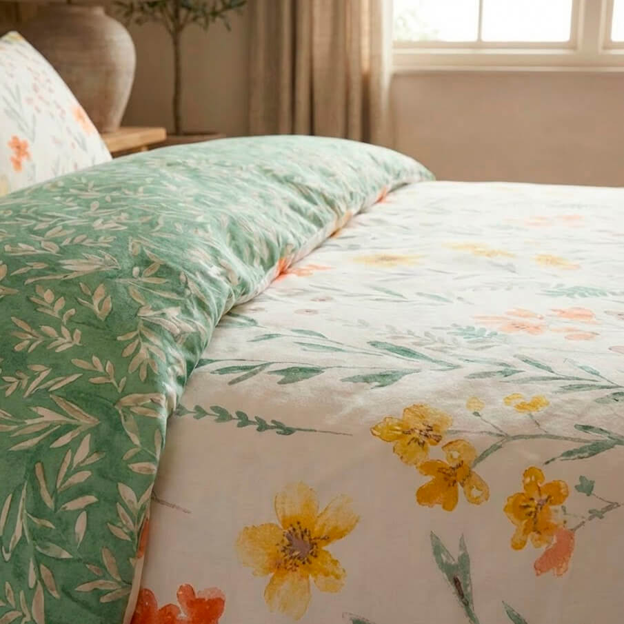 Detalle del reverso de la funda nórdica en color verde con estampado de mini hojas.