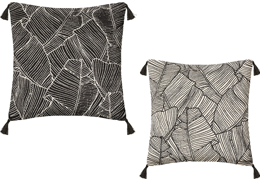 Funda de Cojín Hojas con borlas. 40 cm x 40cm. Color negro. - Oma Home