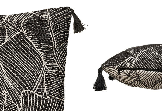 Funda de Cojín Hojas con borlas. 40 cm x 40cm. Color negro. - Oma Home