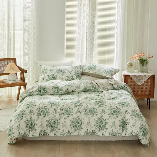 Capa de edredom verde flor com estampa reversível, 100% Algodão.
