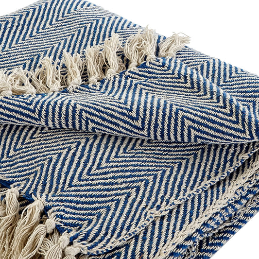 Manta Plaid 100% Algodón Zigzag. 150 cm x 200 cm. Color Azul Marino. - Oma Home