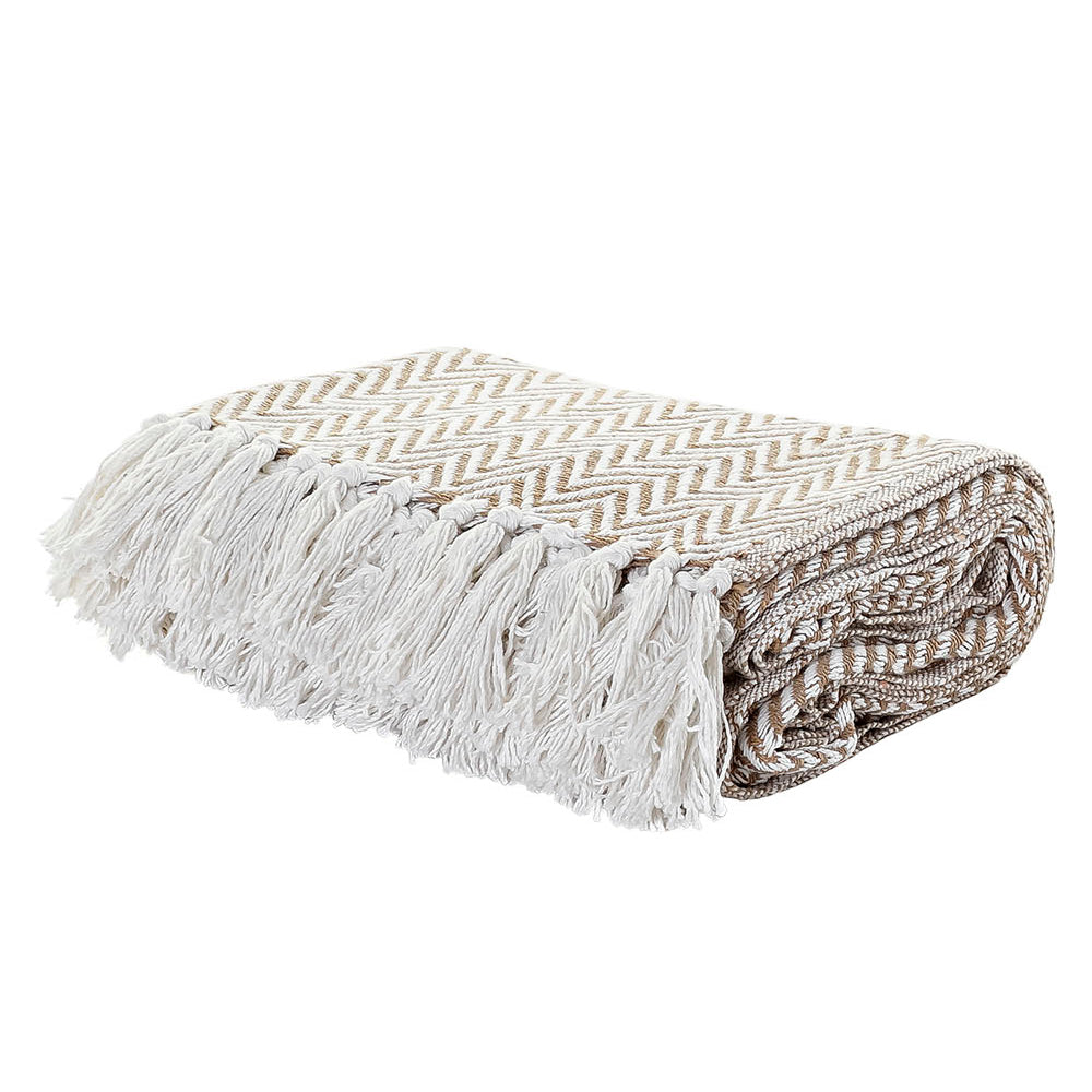 Manta Plaid 100% Algodón Zigzag. Color Camel. - Oma Home