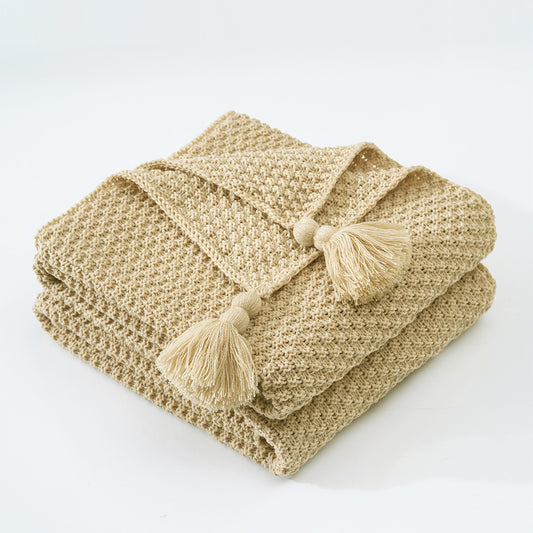Manta de punto con borlas. Color Beige. - Oma Home